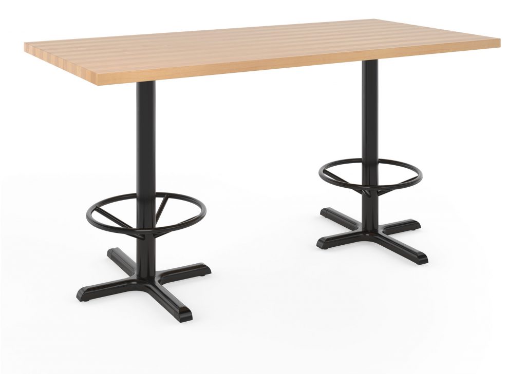 Rectangular bar height restaurant table with two bases and foot rings