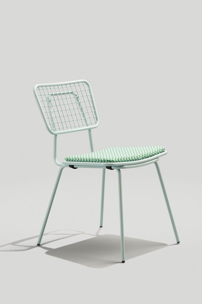 Opla Stacking Outdoor Chair in Dusty Blue with Maharam Seat Pad