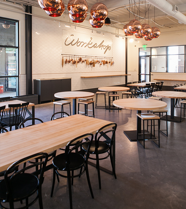 Food court with black Bentwood Chairs.