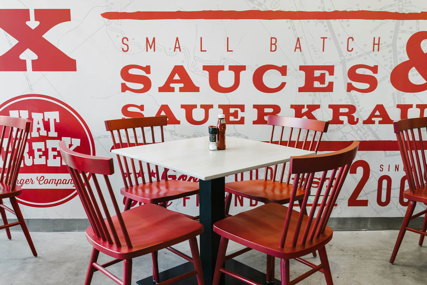 Red Hugh Chairs at restaurant.