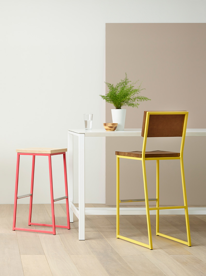 Brady barstools with colorful frames.