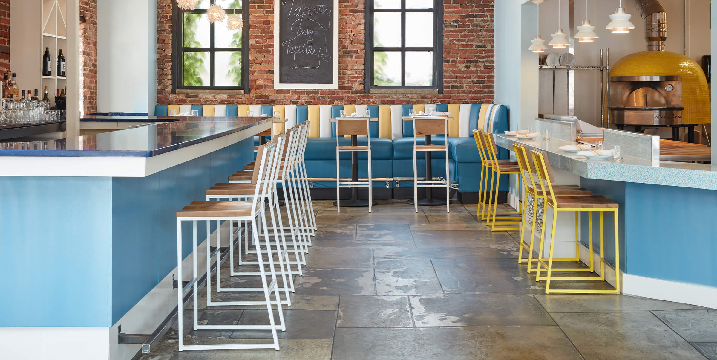 Hurdle barstools in restaurant.