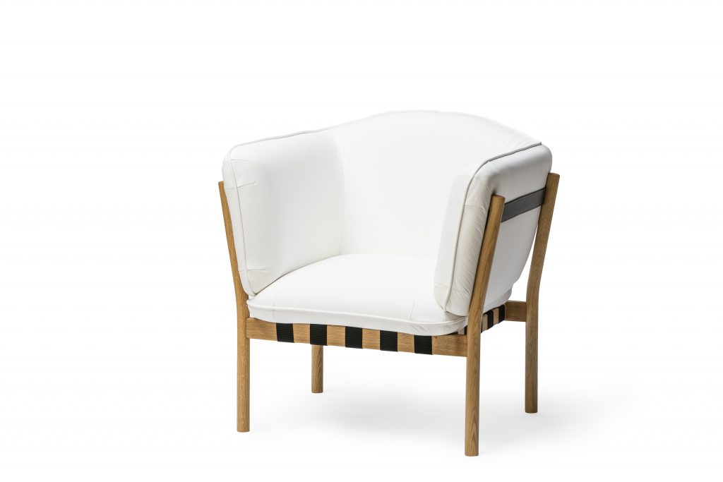 Arm Chair lounge with white leather upholstery and white oak frame