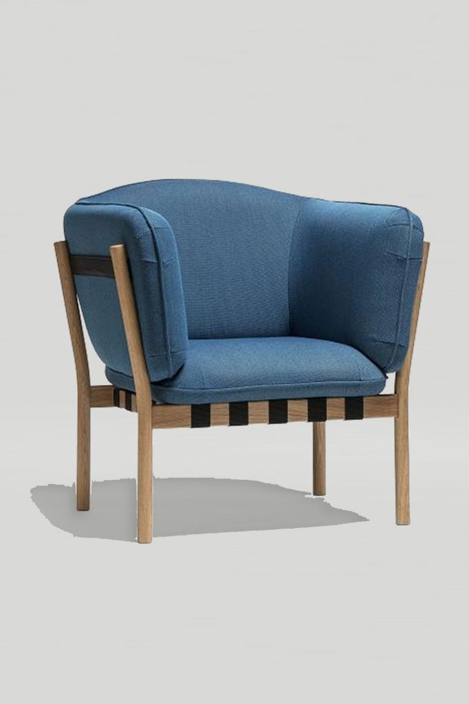 Lounge Chair with white oak legs and blue fabric