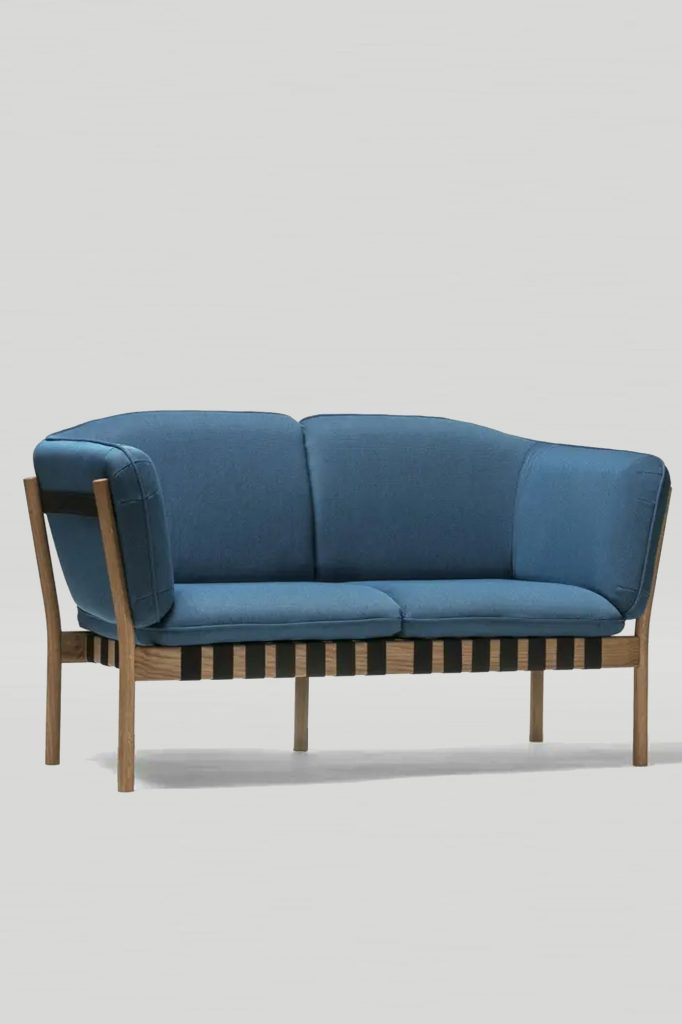 Loveseat with white oak frame and blue fabric