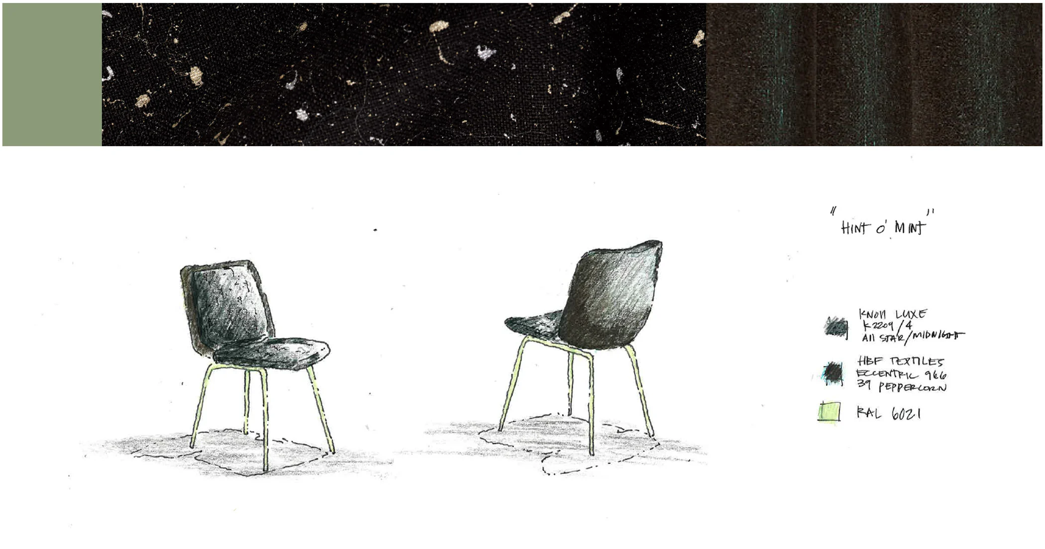 Alfred chair sketches in dark green and grey.
