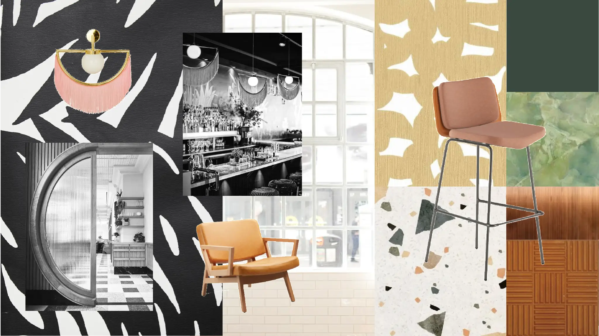 Collage of patterns and colors with Alfred Chair and Andy Lounge Chair.