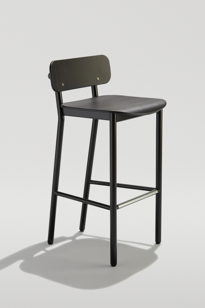 Modern Industrial Barstool with metal frame and wood seat and back