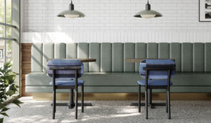 Modern Commercial Dining Chair in Black and Blue Upholstery inside of CAfe