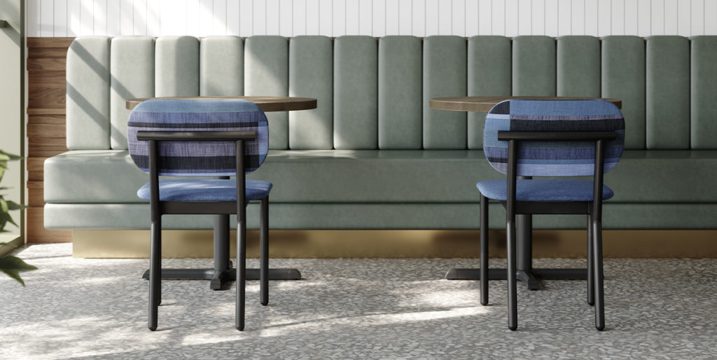 Pair of Ferdinand Chairs with blue plaid upholstery.