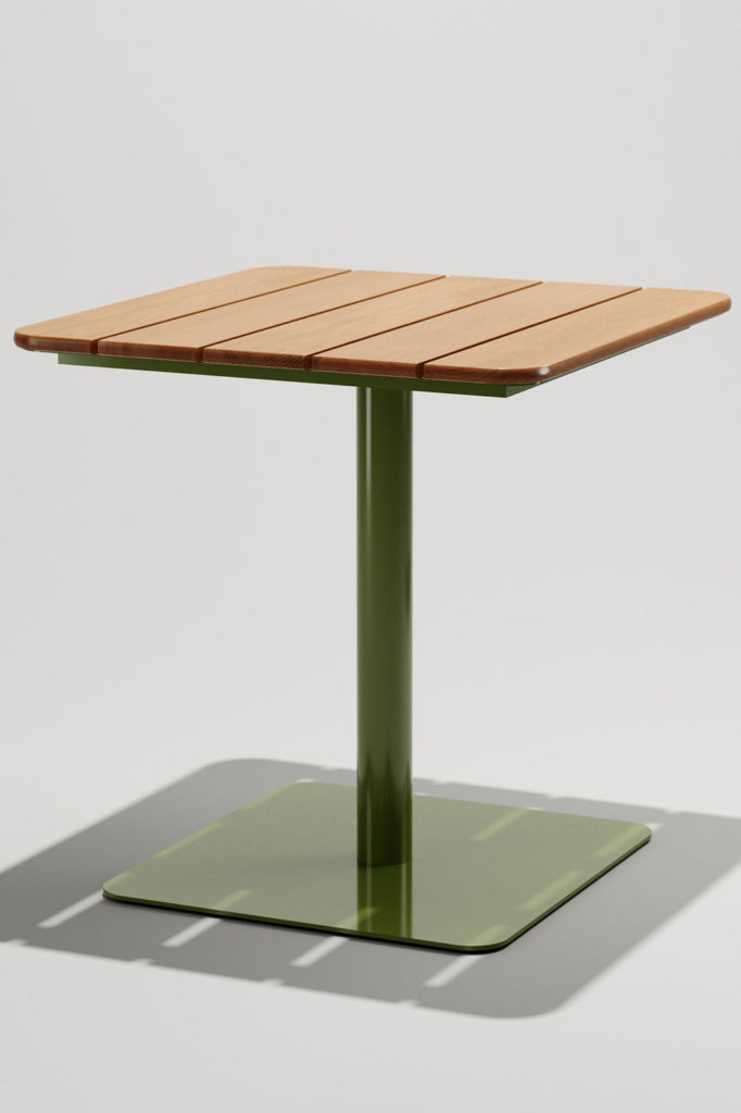 Outdoor Cafe Table with Green Base and Honey Wood Colored Top