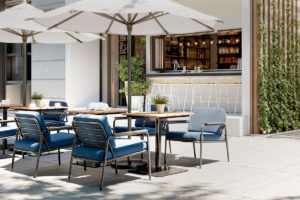 Modern Outdoor Lounge and outdoor bistro table with modern barstools at a matcha bar in L.A.