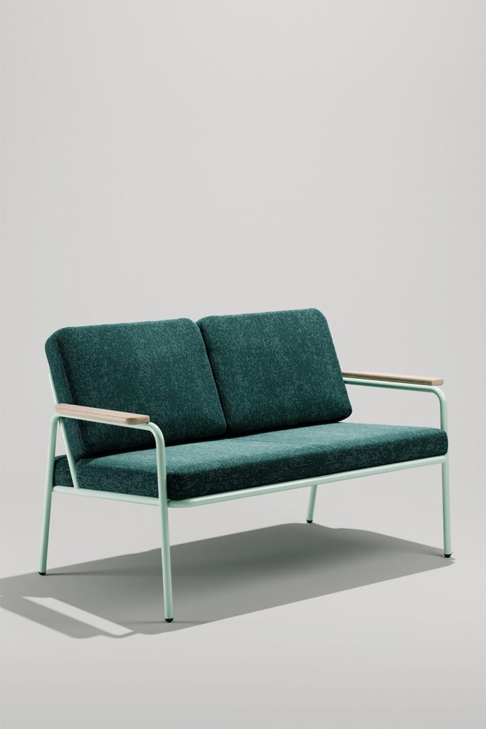 Rita Loveseat in teal with wood arms