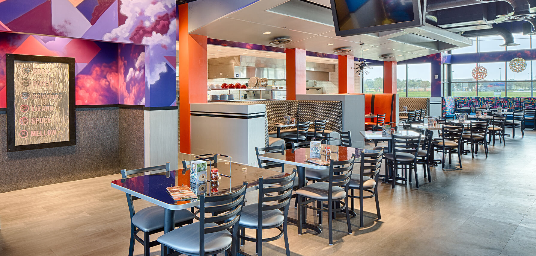 Melissa Anne chairs in fast casual restaurant.