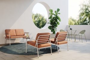 Outdoor patio setting with Rita Loveseat and Lounge Chairs