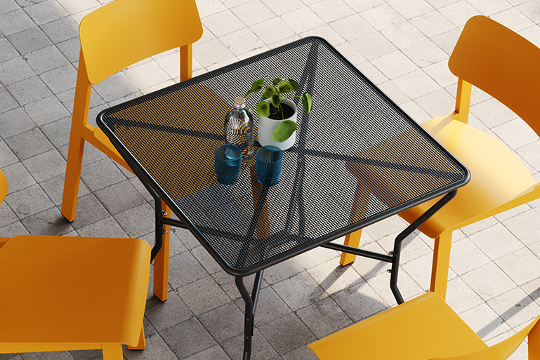 Black square Opla Outdoor Table with Sadie II chairs.