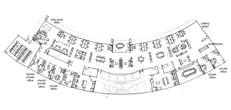 Overall floorplan showcasing the unique soft U-shape of the 18th floor at the Punchcard Building.