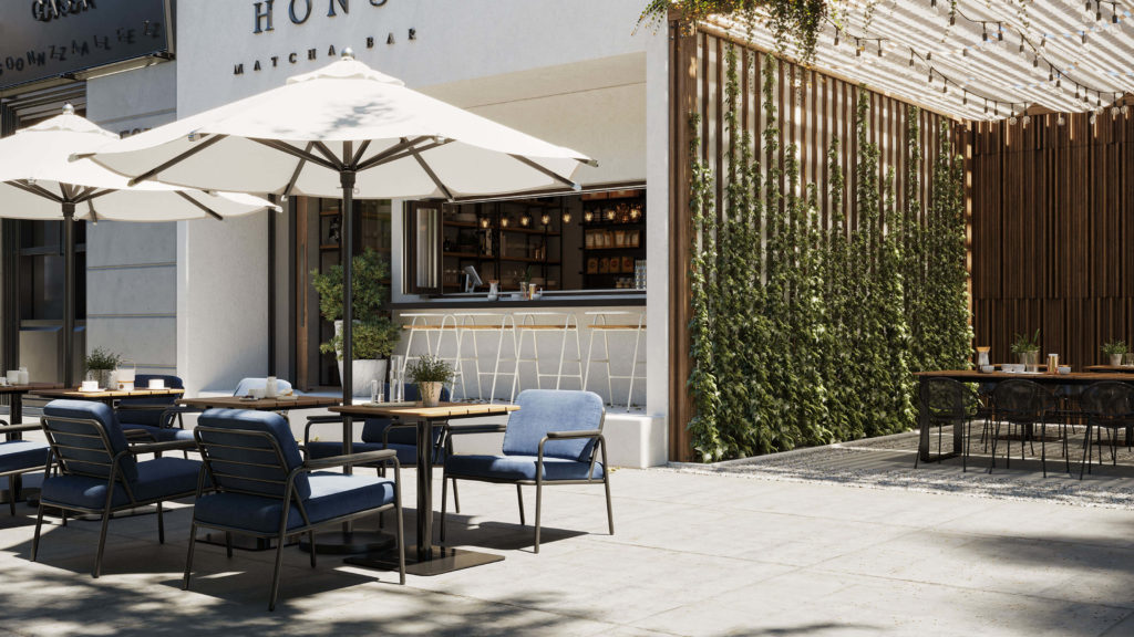 Patio with upholstered Rita Lounge Chairs.