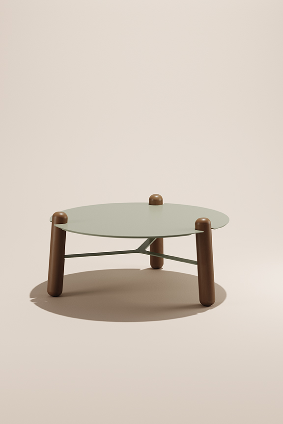 Louie Coffee Table with tan top and dark wood legs.