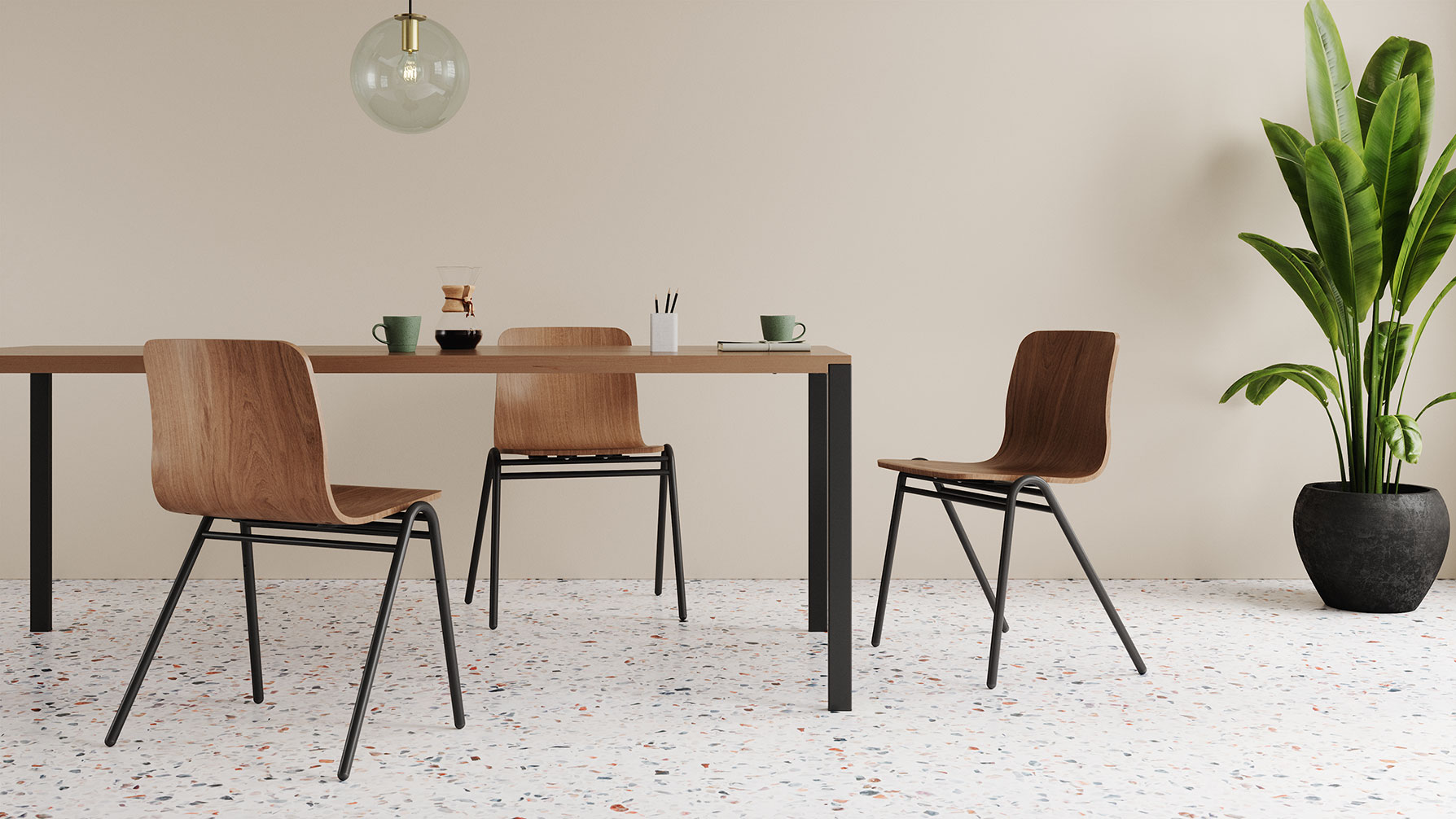 <a href="https://grandrapidschair.com/product/harper-frame-chair/">Harper A-Frame Chair</a> paired with the <a href="https://grandrapidschair.com/product/brady-communal-table/">Brady Communal Table</a> — Featured with an Ink Black metal finish and Acorn wood finish. 