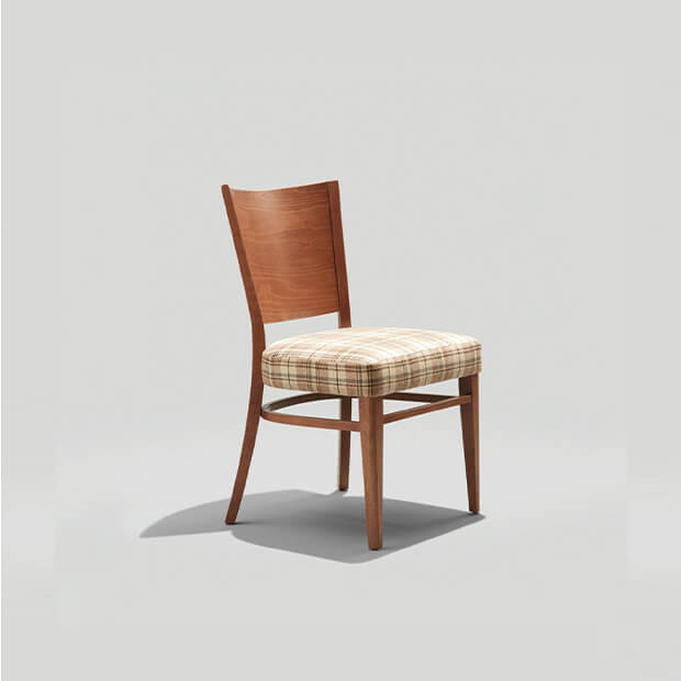 Wood Melissa nesting chair with plaid upholstered seat.