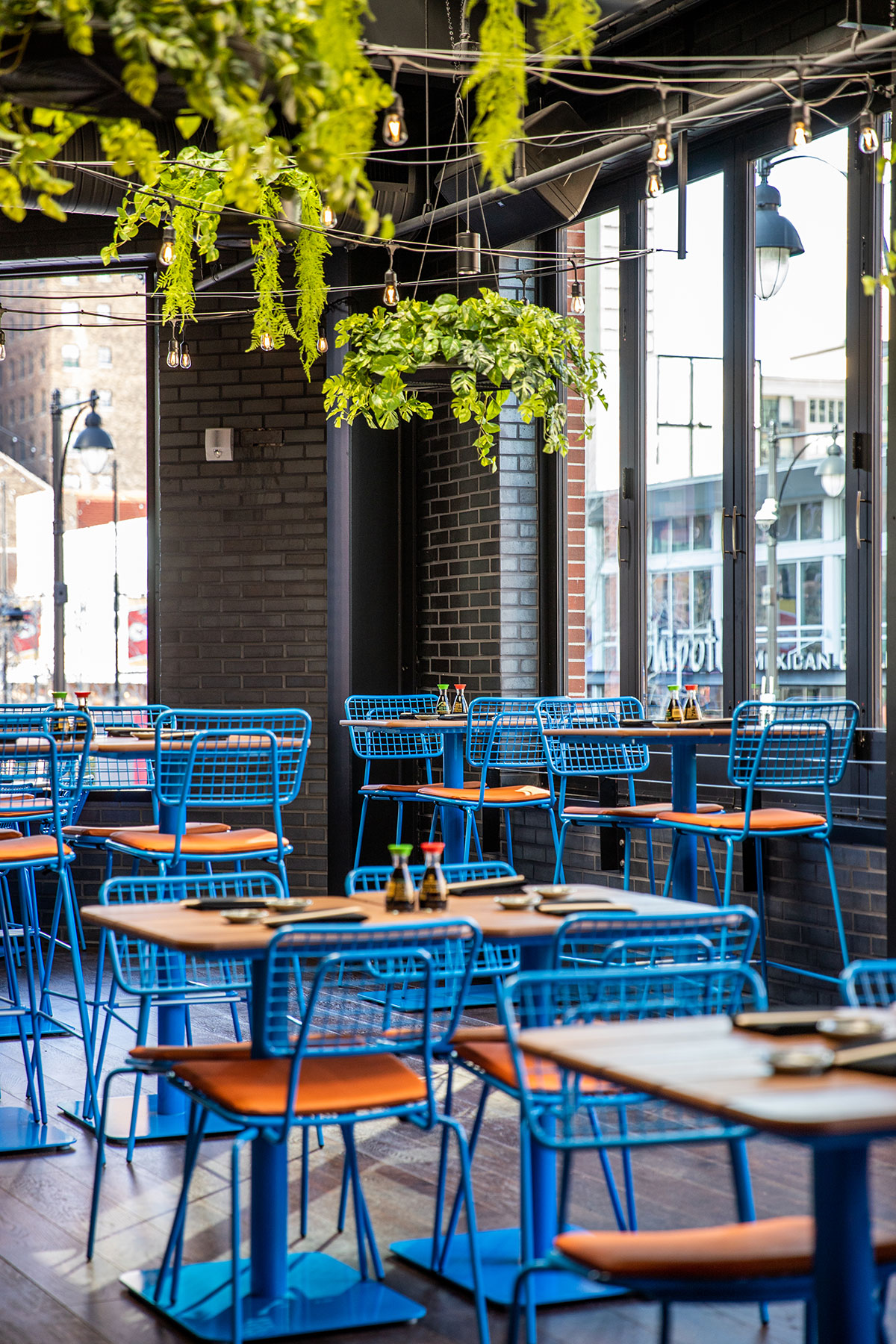 Blue Opla chairs in restaurant.