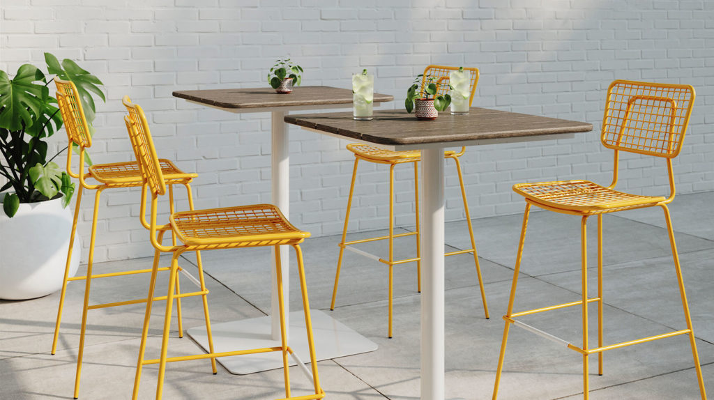 Bowen pedestal tables with Opla stools.