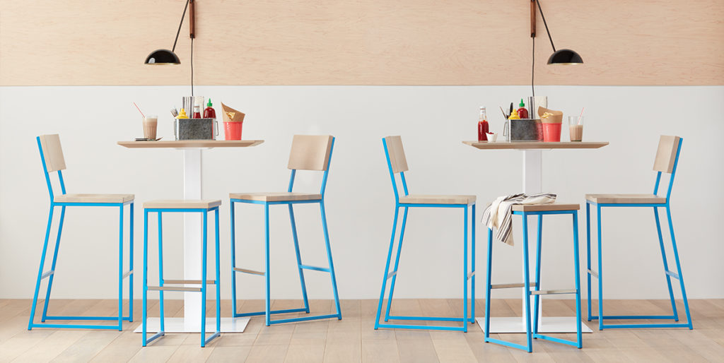 Brady Table and Chairs with natural wood and blue frame.