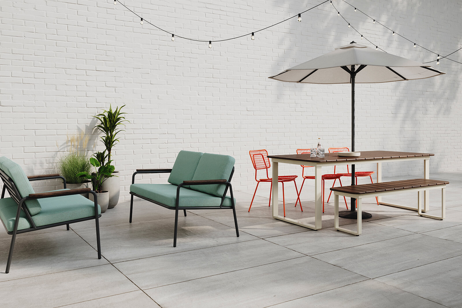 Rita Lounge Seating with the Bowen Outdoor collection and Opla chairs.