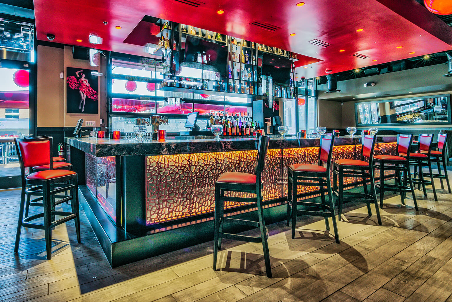 Wood Melissa Barstools at restaurant bar.