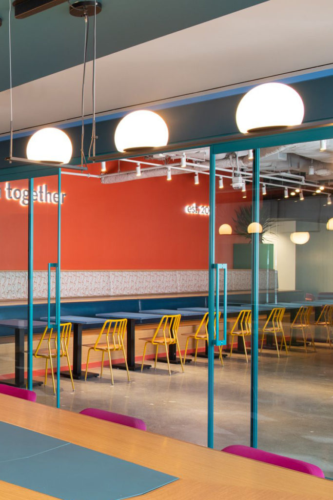 Vibrant corporate break room featuring Leo Chairs