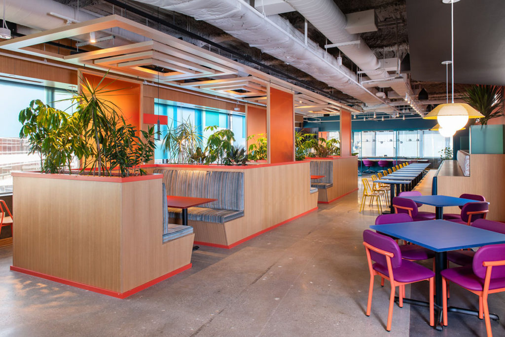 Colorful workplace break room featuring Ferdinand Chairs