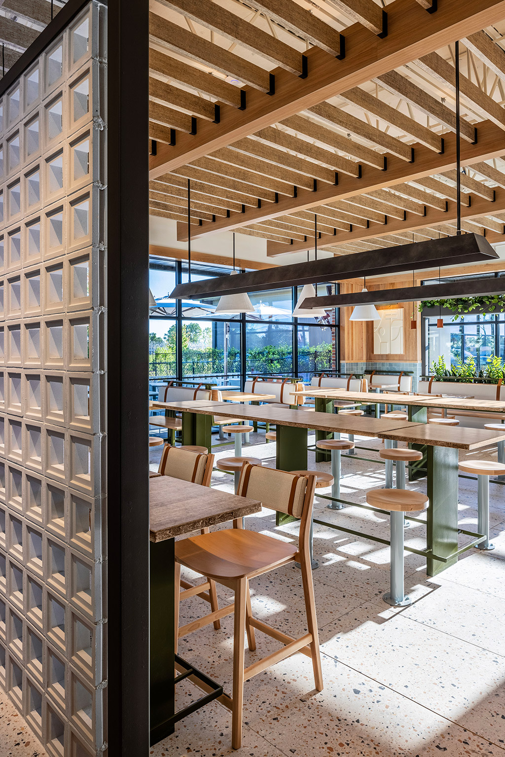 Fast-casual restaurant with Sigsbee Barstools and Sally Bolt down Barstools