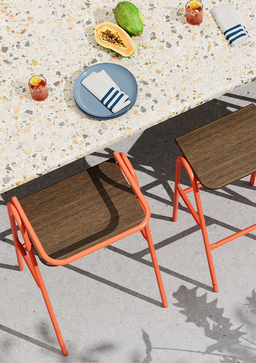 Aerial view of Outdoor Hurdle Stools with wood seat and orange frame.