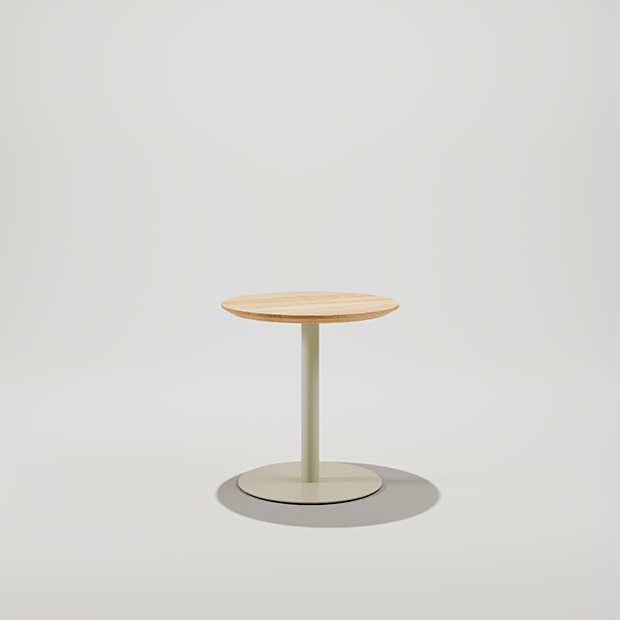 Round Rambo Pedestal Table with Grey White base and solid Maple top in a Natural finish