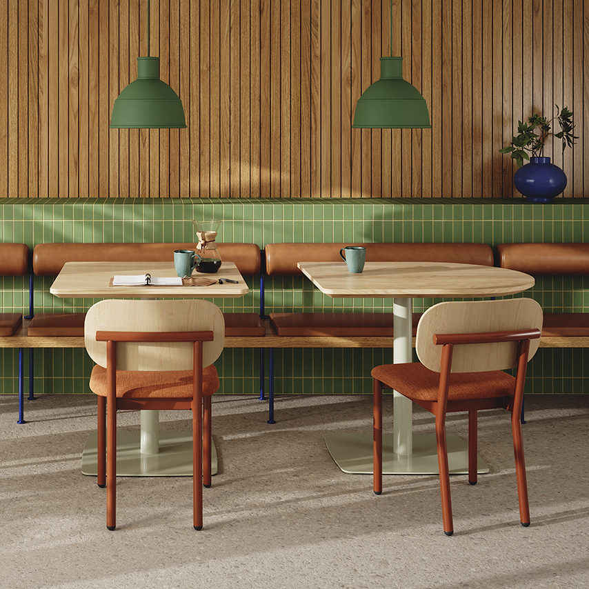 Cafe space with Ferdinand chairs paired with Onesima Pedestal tables.